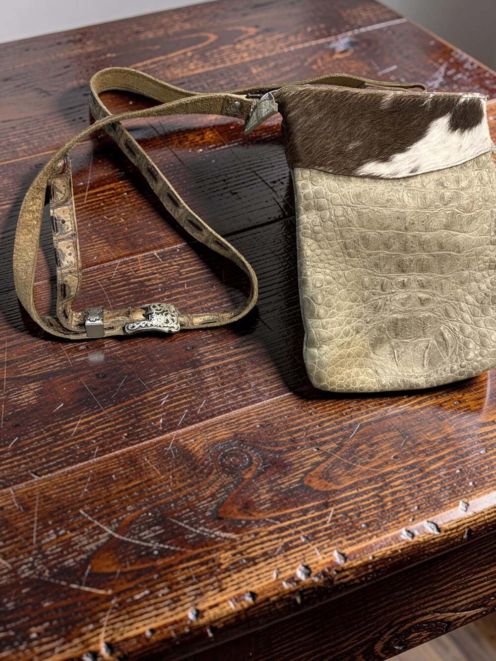 Western Cowhide and Croc Embossed Leather Crossbody Bag Tooled Buckle Strap